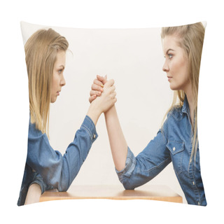 Personality  Two Serious Competetive Women Having Arm Wrestling Fight, Compete With Each Other. Pillow Covers