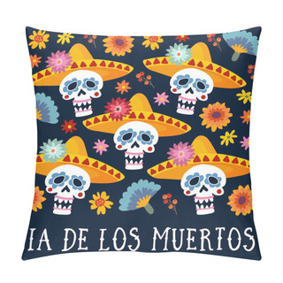 Personality Dia De Los Muertos Greeting Card, Invitation. Mexican Day Of The Dead. Decorative Skulls With Sombrero Hat, Mums, Marigold Flowers And Berries. Hand Drawn Vector Background. Halloween Pattern. Pillow Covers