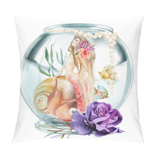 Personality  Beautiful Watercolor Fantasy Mermaid In Aquarium With Seashell, Golden Fish, Pearls And Floral Wreath, Flowers Pillow Covers