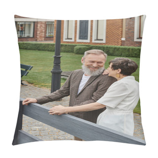 Personality  Happy Elderly Couple, Senior Man And Woman Standing Near Fence Next To House, Looking At Each Other Pillow Covers