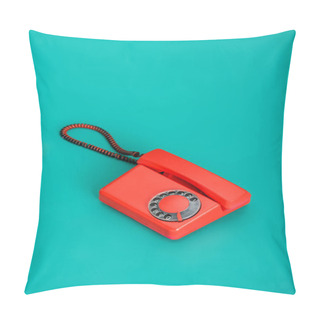 Personality  High Angle View Of Bright Red Vintage Phone On Turquoise Background Pillow Covers
