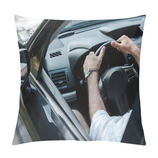 Personality  Cropped View Of Man Holding Steering Wheel While Driving Automobile  Pillow Covers