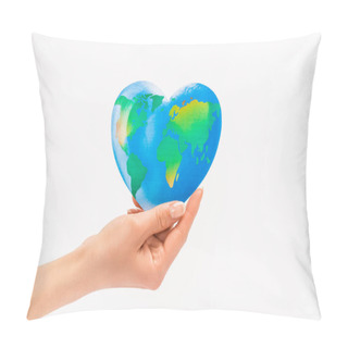 Personality  Cropped View Of Woman Holding Globe Isolated On White, Earth Day Concept Pillow Covers