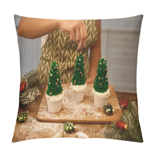 Personality  Cropped View Of Confectioner Sprinkling Decor On Christmas Tree Cupcakes Beside Baubles And Spruce Branches On Table Pillow Covers
