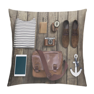 Personality Hipster Clothes And Accessories On A Wooden Background Pillow Covers