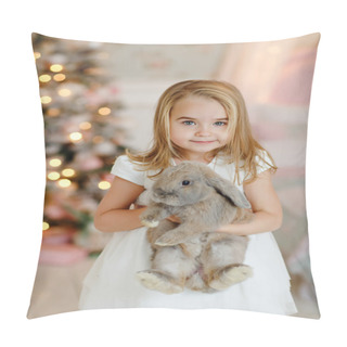 Personality  Very Cute Little Girl Blonde In A White Dress Holding A Gift Boxes On A Background Of Christmas Trees In The Interior Of The House Pillow Covers