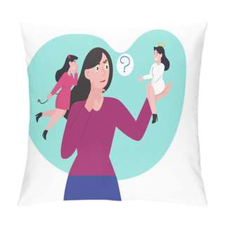 Personality  The Female Characters, Listening To The Angels And Demons In Their Minds, Compare Individual Human Decisions. Flat Style Cartoon Vector Illustration Pillow Covers