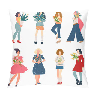 Personality  Happy Ladies Holding Bouquets In Hands Vector Pillow Covers