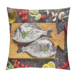 Personality  View From Above Of Food Composition With Raw Fish And Ingredients On Black Table Pillow Covers