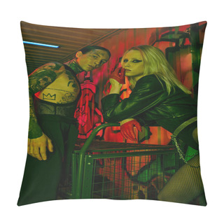 Personality  A Couple Dressed In Leather Outfits Enjoying The Atmosphere At A Rave Party Or Rave Nightclub Pillow Covers