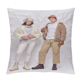 Personality  Interracial Couple In Hats, Warm Gloves And Faux Fur Jackets Standing On White Crumpled Backdrop Pillow Covers