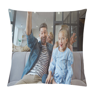 Personality  Cheerful Family Spending Time On Sofa At Home  Pillow Covers