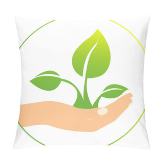 Personality  Illustration Of Green Plant In Hands, Environment Day Concept Pillow Covers