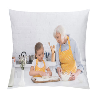 Personality  Granny Holding Flour While Child Making Dough Near Milk In Kitchen  Pillow Covers