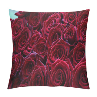Personality  Many Velvet Red Roses Close Up.Beautiful Bouquet.Floral Background For Design Or Text.Gorgeous Red Abstract Backdrop.Beautiful Bouquet.Low Key Photography. Pillow Covers
