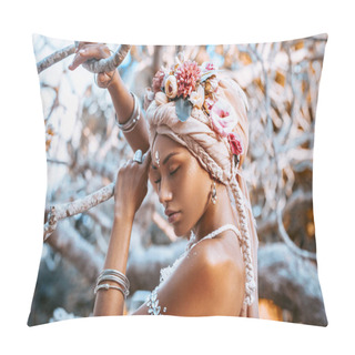Personality  Beautiful Young Stylish Woman Wearing Flowers Wreath Outdoors Portrait Pillow Covers