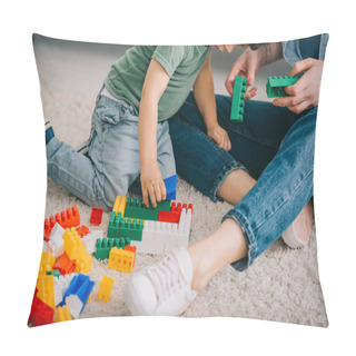 Personality  Cropped View Of Mother And Son Playing With Lego On Carpet In Living Room Pillow Covers