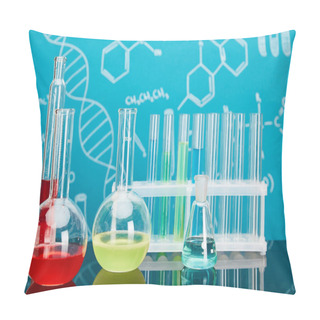 Personality  Glass Test Tubes And Flasks With Colorful Liquid On Blue Background With Molecular Structure Pillow Covers