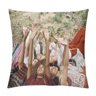 Personality  Smiling Interracial Women Raising Hands While Lying On Blanket Outdoors In Retreat Center Pillow Covers
