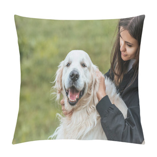 Personality  Beautiful Young Woman Stroking Adorable Retriever Dog In Park Pillow Covers