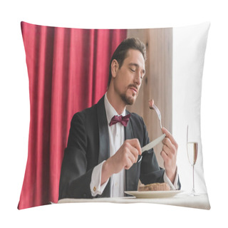 Personality  Well-dressed Man In Tuxedo Enjoying Taste Of Beef Steak Near Champagne In Glass On Dining Table Pillow Covers
