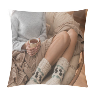 Personality  Young Woman Drinking Hot Tea At Home Pillow Covers