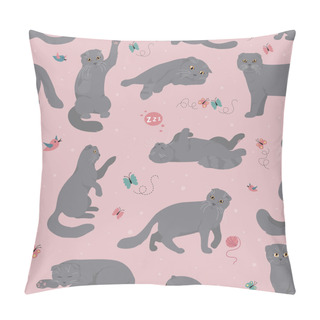 Personality  Cartoon Cat Characters Seamless Pattern. Scottish Fold`s Poses A Pillow Covers