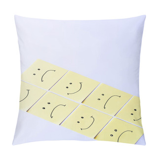 Personality  Top View Of Pale Yellow Sticky Notes With Happy And Upset Emoji On White Background Pillow Covers