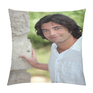 Personality  Man Stood By Old Stone Wall Pillow Covers