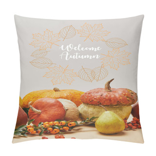Personality  Autumnal Decoration With Pumpkins, Firethorn Berries And Ripe Yummy Pears On Tabletop With WELCOME AUTUMN Lettering Pillow Covers