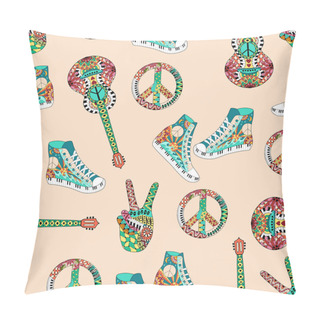 Personality  Seamless Pattern With Colorful Hippie Peace Symbol, Acoustic Guitars And Hight Snakers In Zentangle Style. Pillow Covers