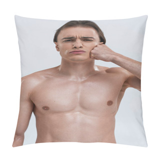 Personality  Handsome Appealing Emotional Male Model Posing Topless With Fist Near Cheek And Looking At Camera Pillow Covers