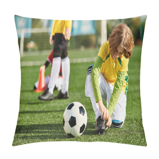 Personality  A Little Girl With Pigtails Happily Plays With A Soccer Ball On A Vibrant Green Field, Kicking, Dribbling, And Practicing Her Skills. Pillow Covers