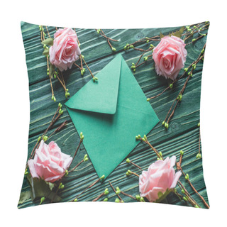 Personality  Wooden Green Background With Blossoming Branches, Roses And Envelope Pillow Covers