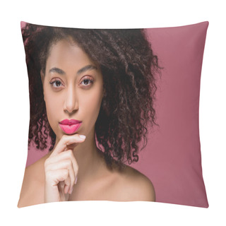Personality  Portrait Of Thoughtful Curly African American Girl, Isolated On Pink Pillow Covers