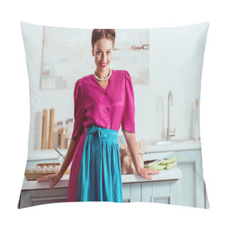 Personality  Beautiful Pin Up Girl Standing In Light Blue Kitchen Near Table With Different Products And Looking At Camera Pillow Covers