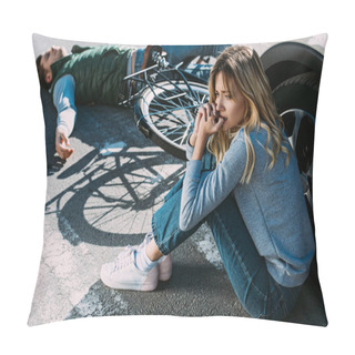 Personality  Scared Young Woman Sitting Near Car After While Cyclist Lying On Road After Traffic Collision  Pillow Covers