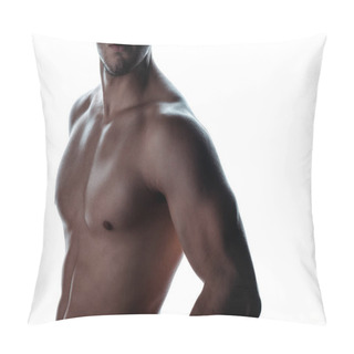 Personality  Partial View Of Sexy Muscular Bodybuilder With Bare Torso Posing In Shadow Isolated On White Pillow Covers
