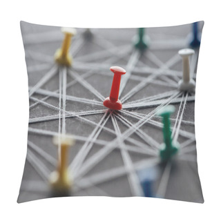 Personality  Close Up View Of Push Pins Connected With Strings Isolated On Grey, Network Concept Pillow Covers