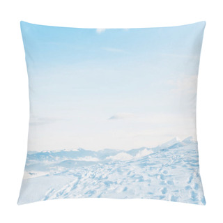 Personality  Scenic View Of Snowy Mountain With Traces And Pure Blue Sky Pillow Covers