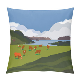 Personality  Nature Outdoor Valley Landscape. Colorful Cartoon. Farming Herd Of Brown Cows On Meadow. Rural Community Scene View. Domestic Cattle Mammal On Green Grass Hill, Field. Vector Countryside Background Pillow Covers