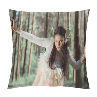 Personality  Young Woman In White Swan Costume Looking Away, Standing In Forest Pillow Covers