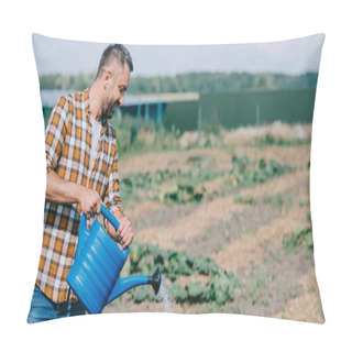 Personality  Farmer In Checkered Shirt Holding Watering Can And Working In Field  Pillow Covers