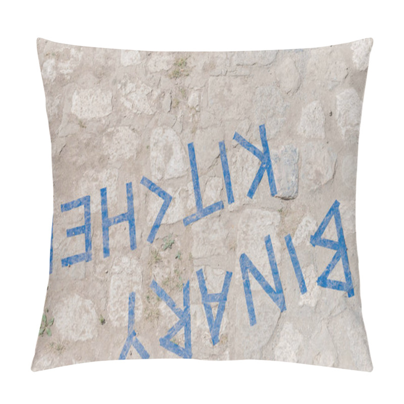 Personality  Regensburg, Bavaria, Germany, June 29, 2019, The English words Binary Kitchen are upside down - Recorded during the citizen celebration in Regensburg, Germany pillow covers