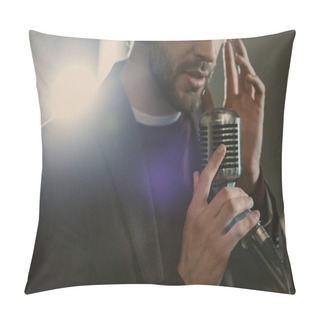 Personality  Attractive Young Singer In Headphones Performing Song At Studio Pillow Covers