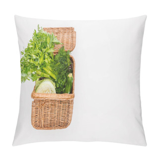 Personality  Top View Of Raw Autumn Vegetables In Basket Isolated On White Pillow Covers