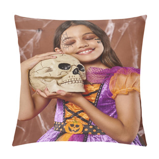 Personality  Positive Girl In Dress Holding Skull And Smiling On Brown Background, Halloween Spooky Season Pillow Covers