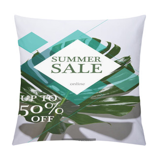 Personality  Fresh Tropical Green Leaf On White Background With Summer Sale Illustration Pillow Covers
