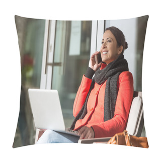 Personality  Attractive Woman In Red Coat Having A Call Pillow Covers