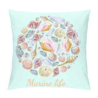 Personality  Watercolor Circle  Marine Life For Decoration Design Of Sea Shells. Illustration For Greeting Cards, Invitations, And Other Printing And Web Projects. Pillow Covers